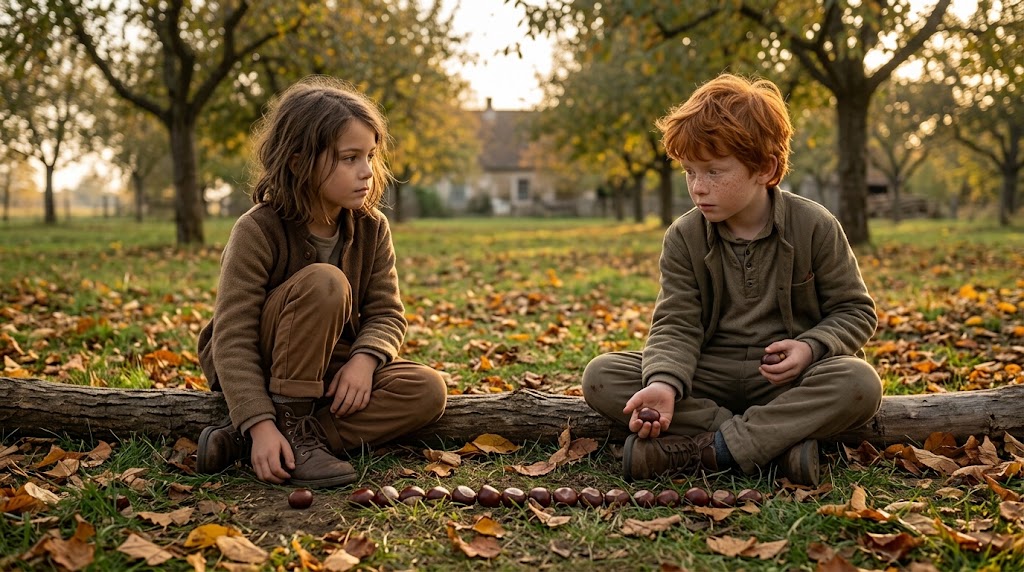 Mara and Chibi sitting in an autumn orchard with a row of chestnuts between them.
