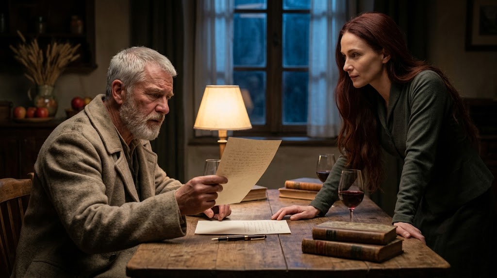 Sean and Eljara studying an ordinary handwritten contract at a wooden table late in the evening.