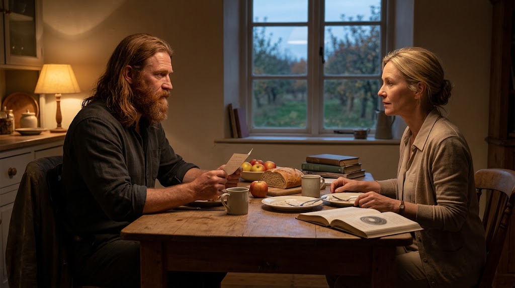 Caelwyn and Stacy at a warm kitchen table discussing a handwritten thank-you card after the harvest meal.