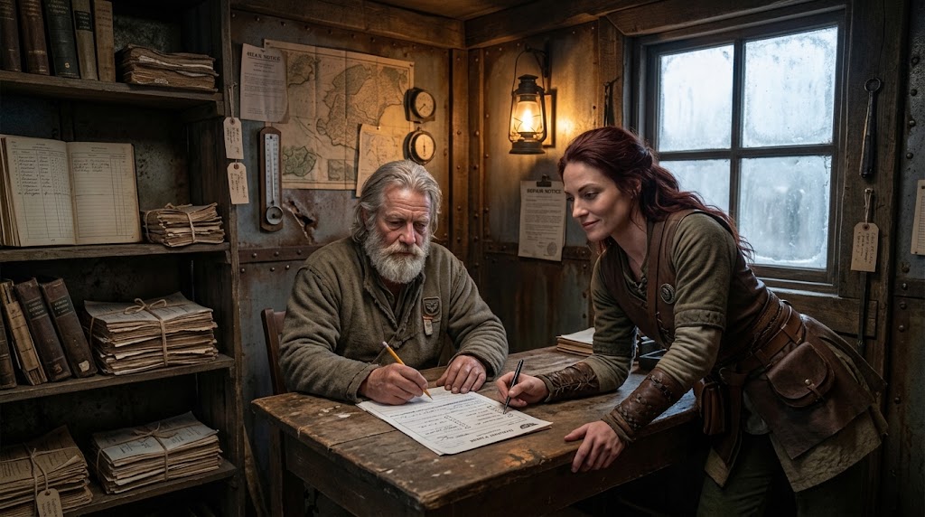 Sean and Eljara work through incident paperwork in a Saltport office in the World of Fog.