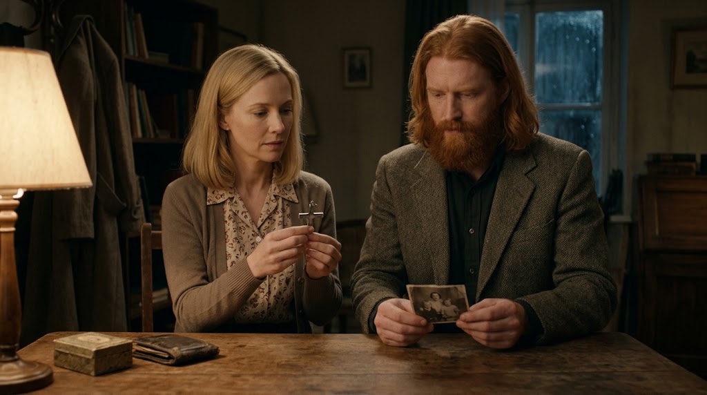 What Protects Us — Stacy and Caelwyn with a cross and family photograph