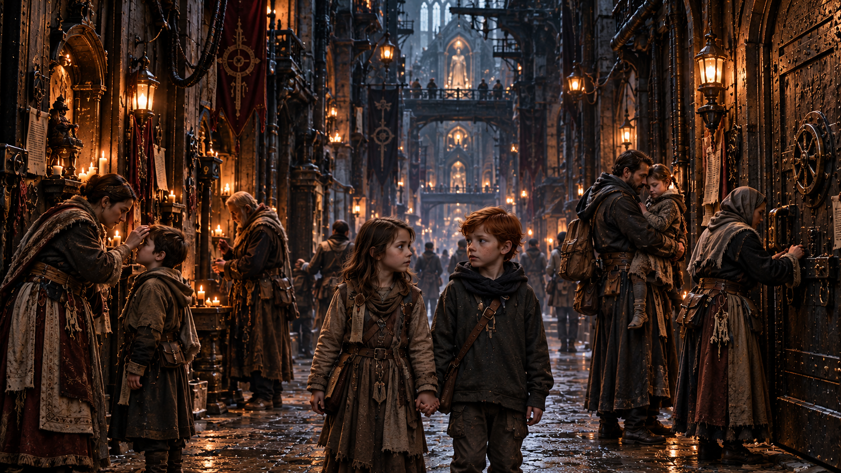 Mara and Chibi hold hands in an ancient far-future hab corridor while families perform ordinary protective evening rituals.