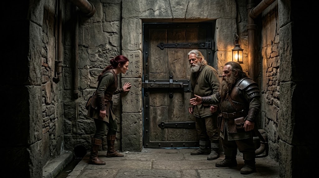 Eljara and Sean with a Dwarf guide before an ancient sealed door in a Dwarf hold.