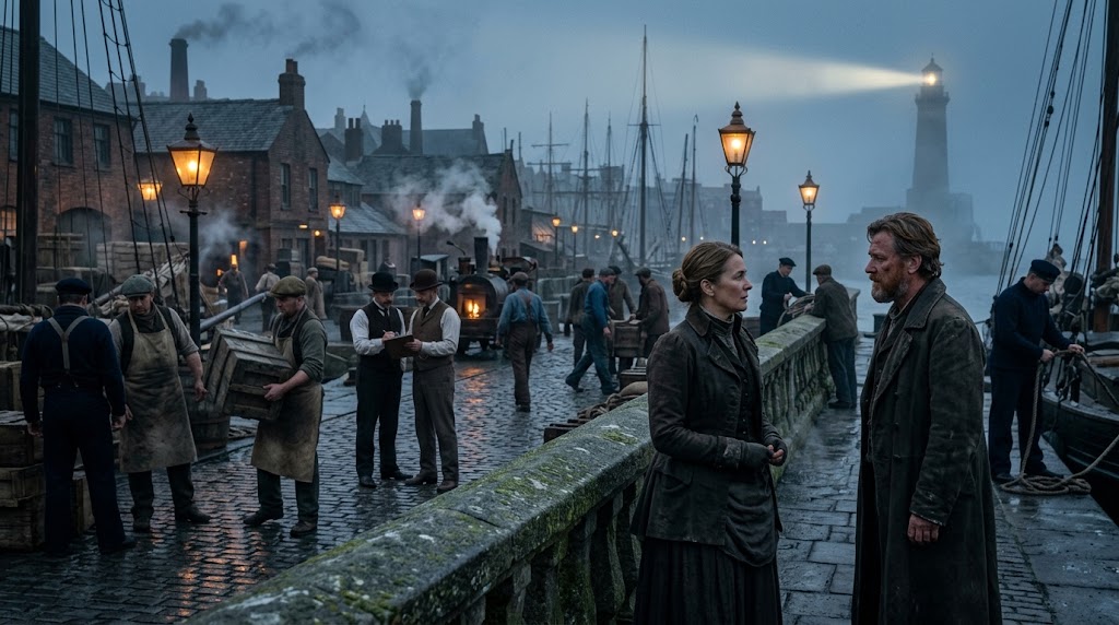 Stacy and Caelwyn discussing Saltport's industrial harbour