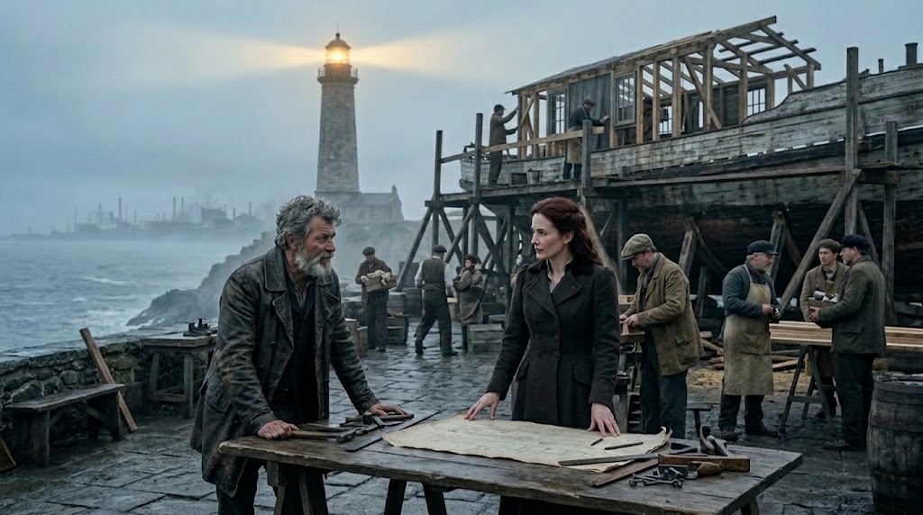 Sean and Eljara studying plans beside a coastal lighthouse and a riverboat under construction