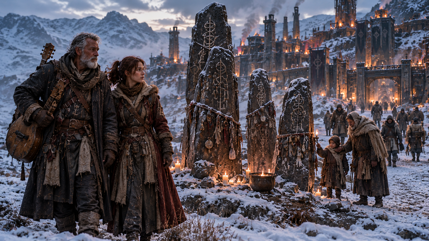 Sean and Eljara stand beside ancient boundary stones in a frozen far-future settlement while local families follow inherited rituals.