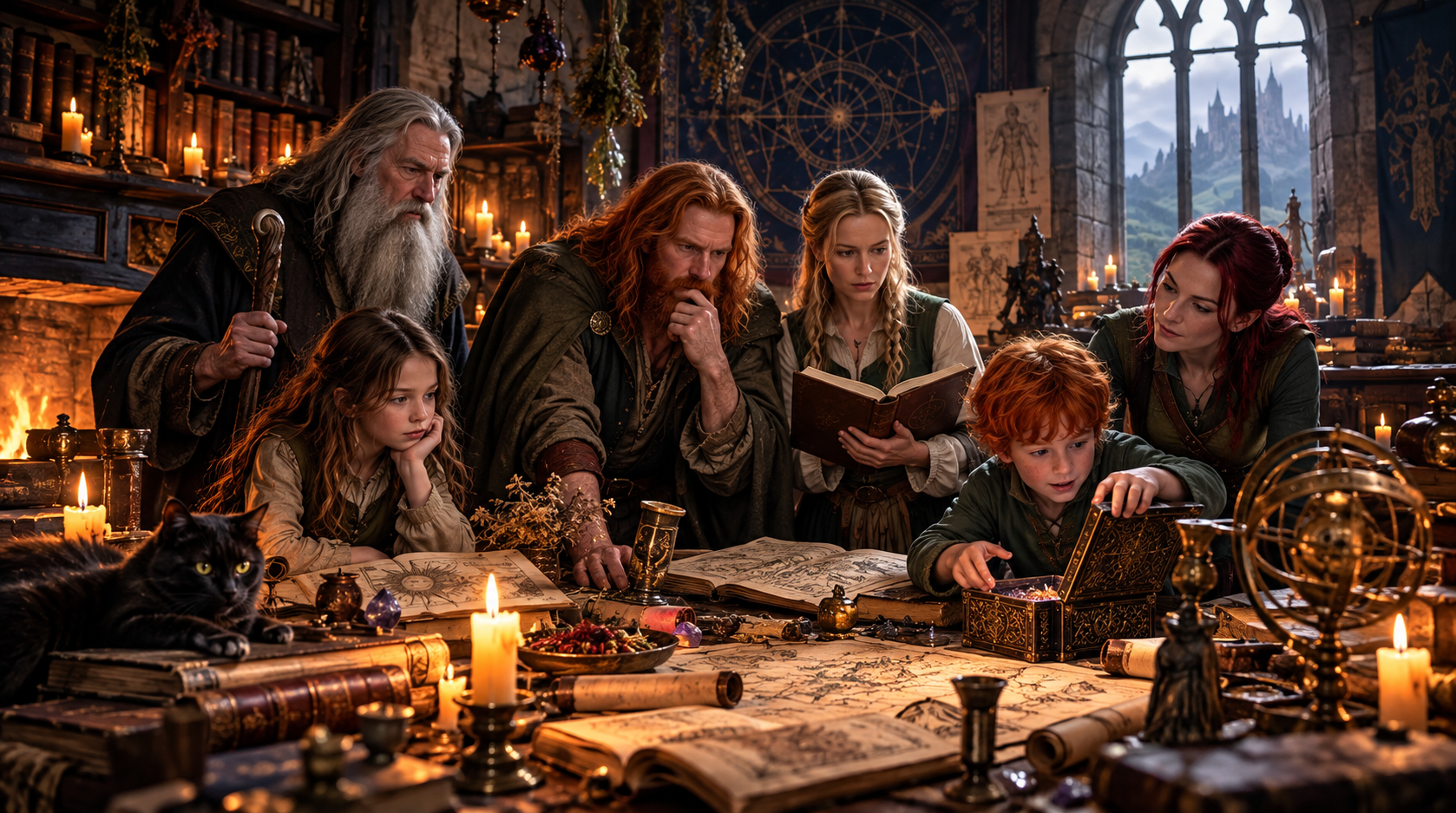 The Mythveil Family gathered around medieval manuscripts, maps and occult instruments in a candlelit scholarly chamber.