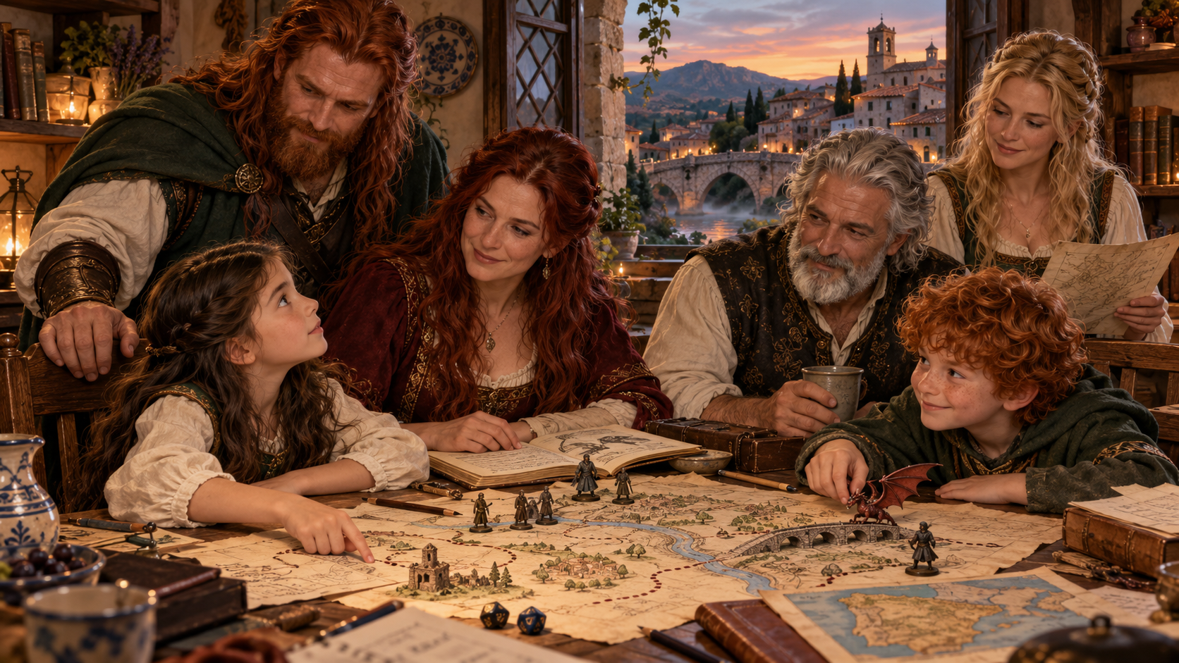 The Mythveil Family gathered around maps, books, dice and a tiny dragon miniature in a warm Iberian study overlooking a village and stone bridge at dusk.