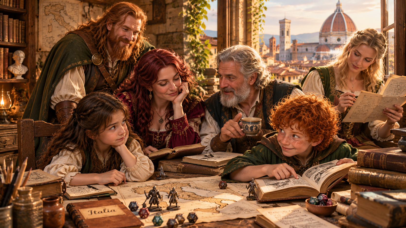 The Mythveil Family gathered around books, maps and dice in a warm Florentine study overlooking the Duomo, exploring the history of tabletop role-playing in Italy.