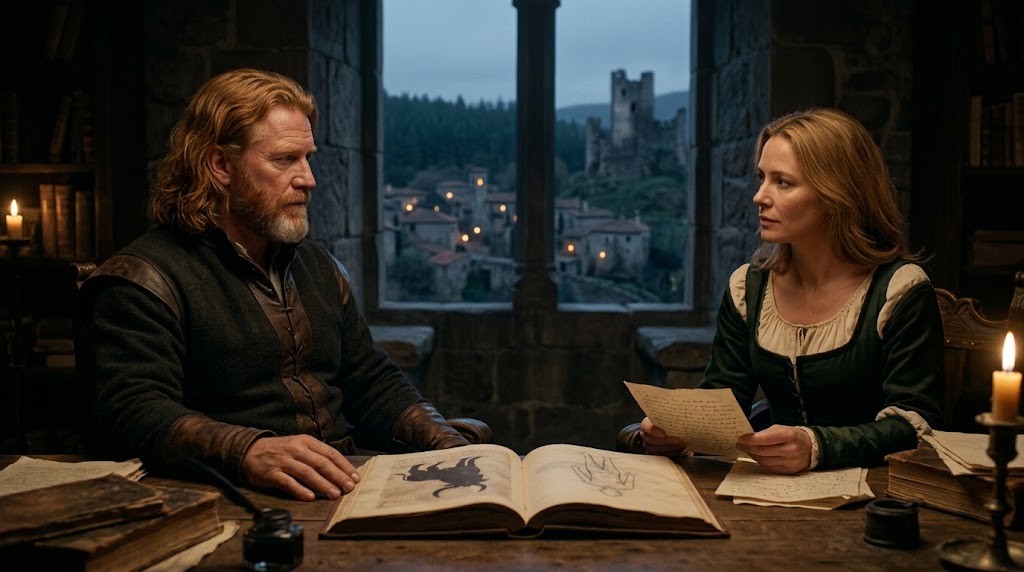 Caelwyn and Stacy discussing an illustrated manuscript