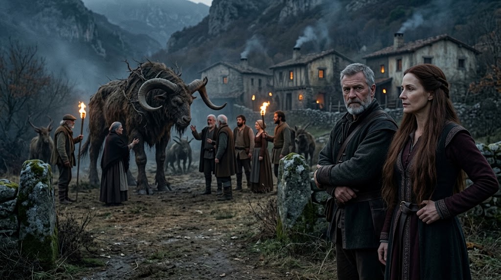 Eljara and Sean witness villagers negotiating with a horned creature