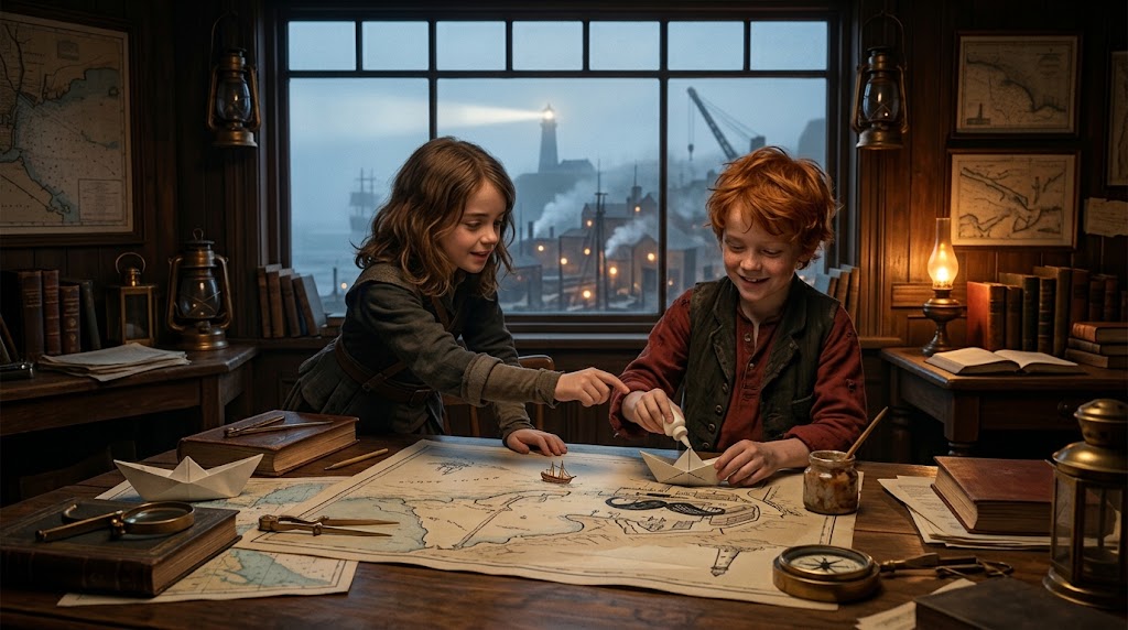 Mara and Chibi playing with paper boats and a map overlooking Saltport