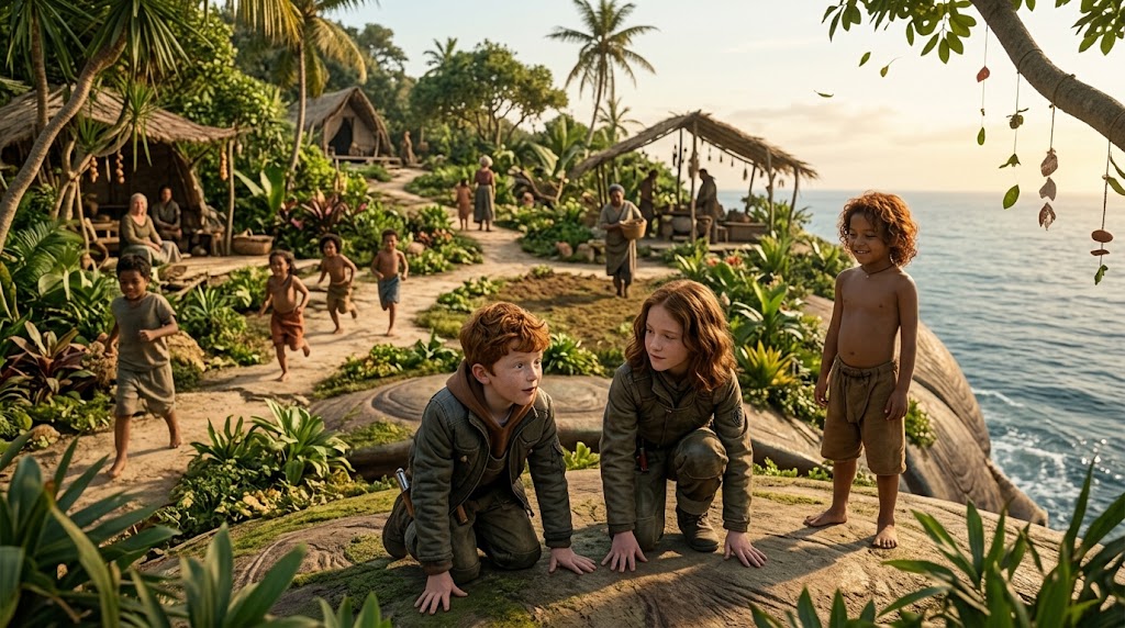 Mara and Chibi with a Reshi child on the living back of a Tai-na in the Reshi Isles.