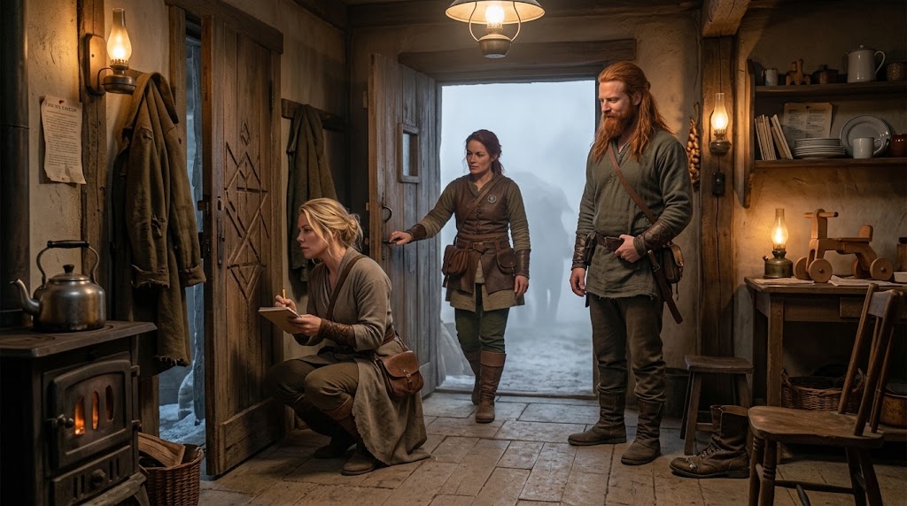 Stacy examines markings beside a doorway while Caelwyn watches in an inhabited World of Fog home.