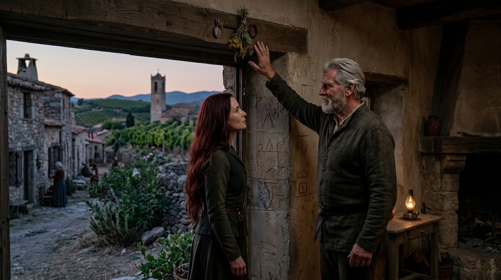 Sean and Eljara examine an old protective object above the doorway of an Andalurian stone house at dusk.