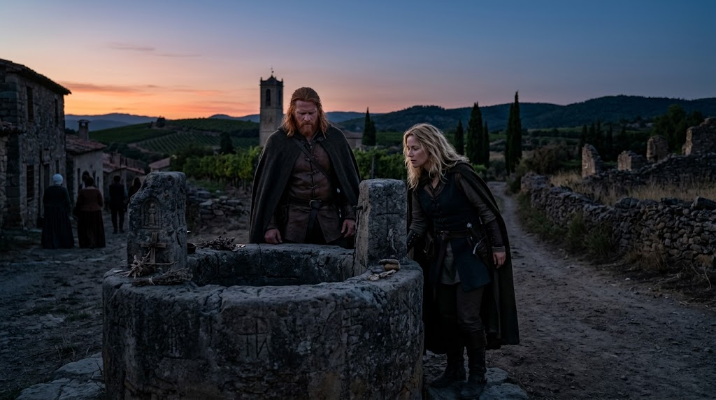 Caelwyn and Stacy inspect an ancient village well at sunset on the edge of Andaluria.
