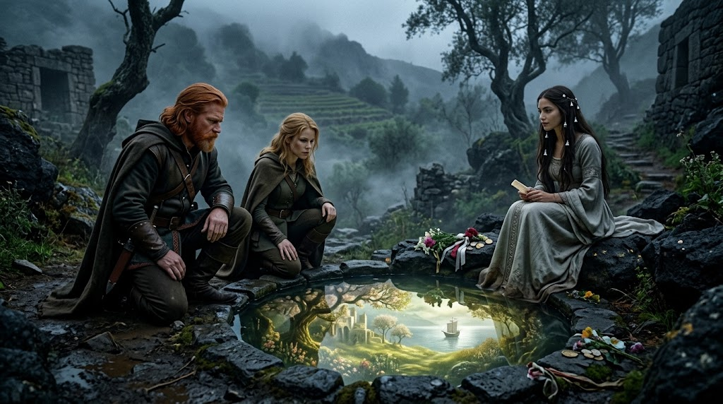 Caelwyn and Stacy watch an impossible realm reflected in a sacred spring beside an enigmatic dark-haired woman.