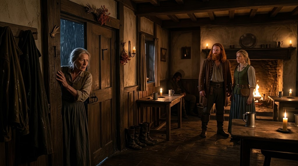 Caelwyn and Stacy in an Imperial inn while the innkeeper listens at the closed door during the rain.