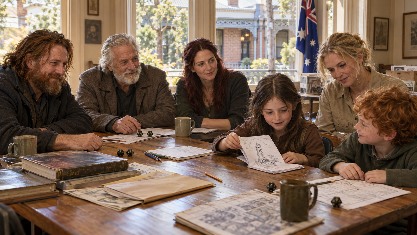 The six Mythveil Family members gather around a table in Melbourne as Mara opens Chibi’s handmade adventure booklet and he prepares to play.