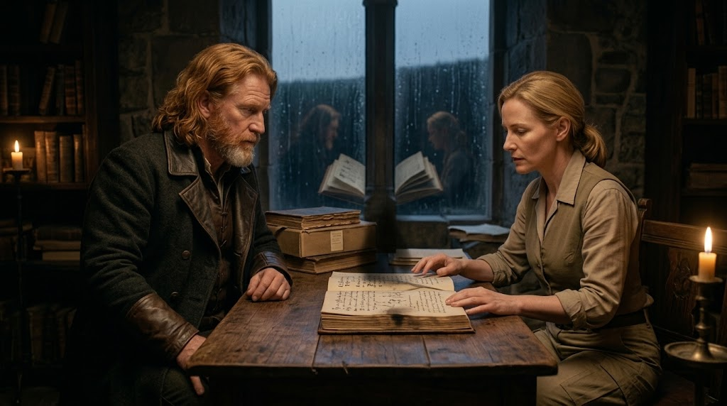 Caelwyn and Stacy study a mysterious manuscript