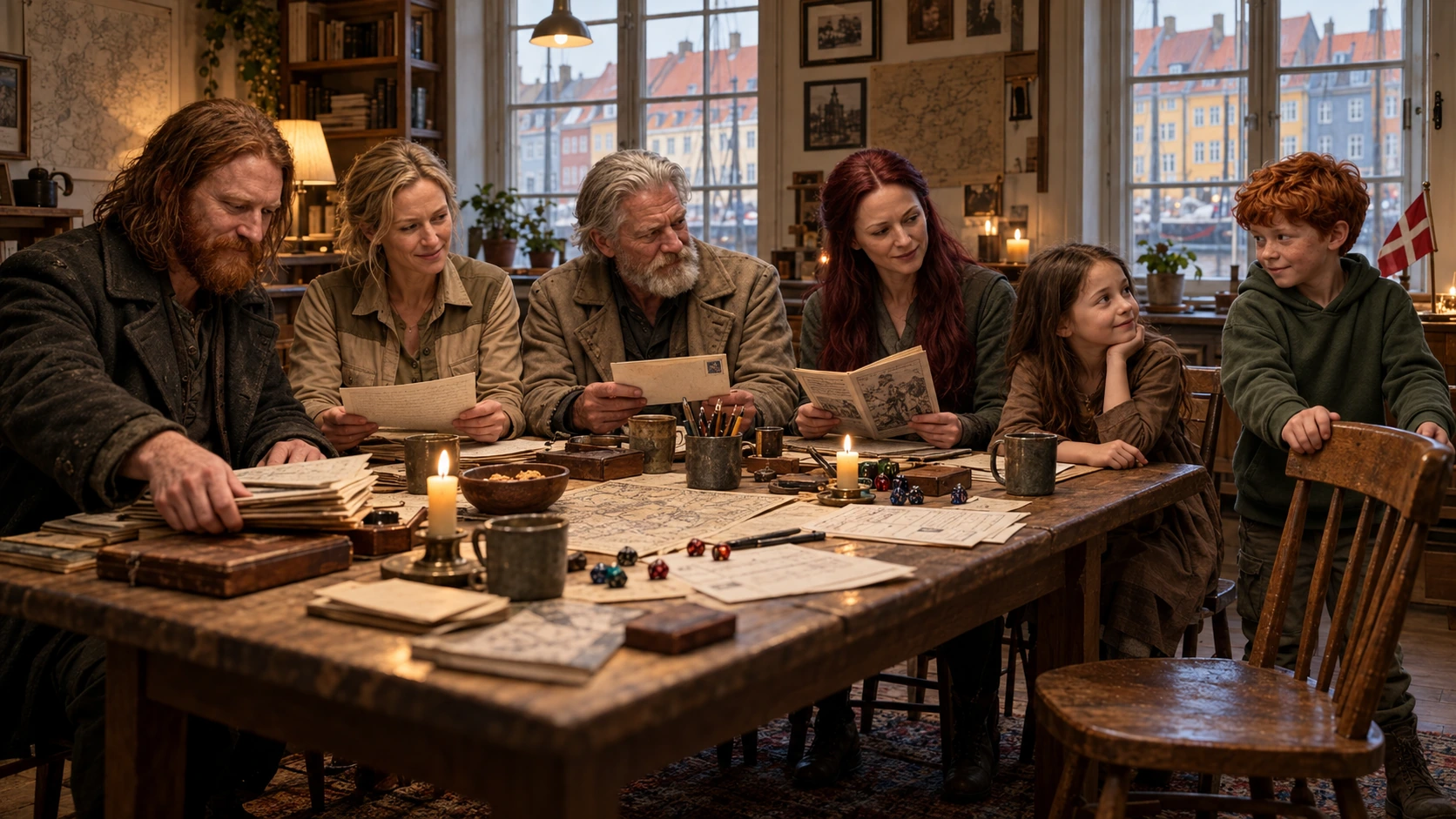 The six Mythveil Family characters share role-playing notes beside a Copenhagen canal while Chibi pulls an empty chair towards the table.