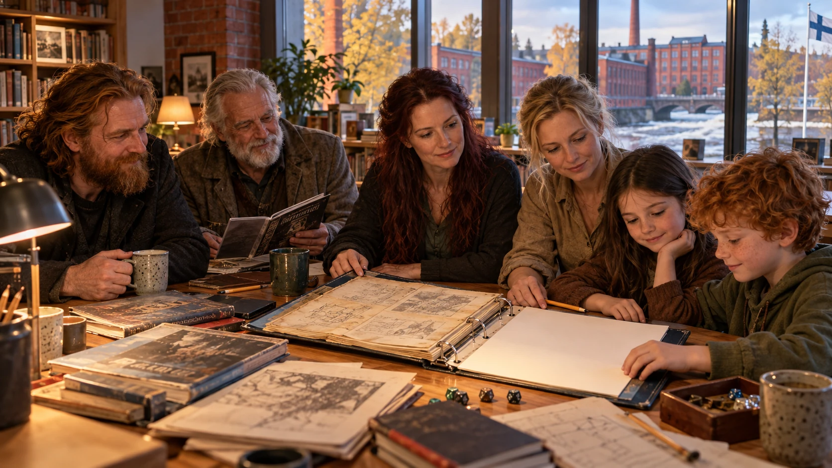 The six Mythveil Family members share an old campaign binder in a Tampere library while Chibi adds a blank page beside the preserved records.