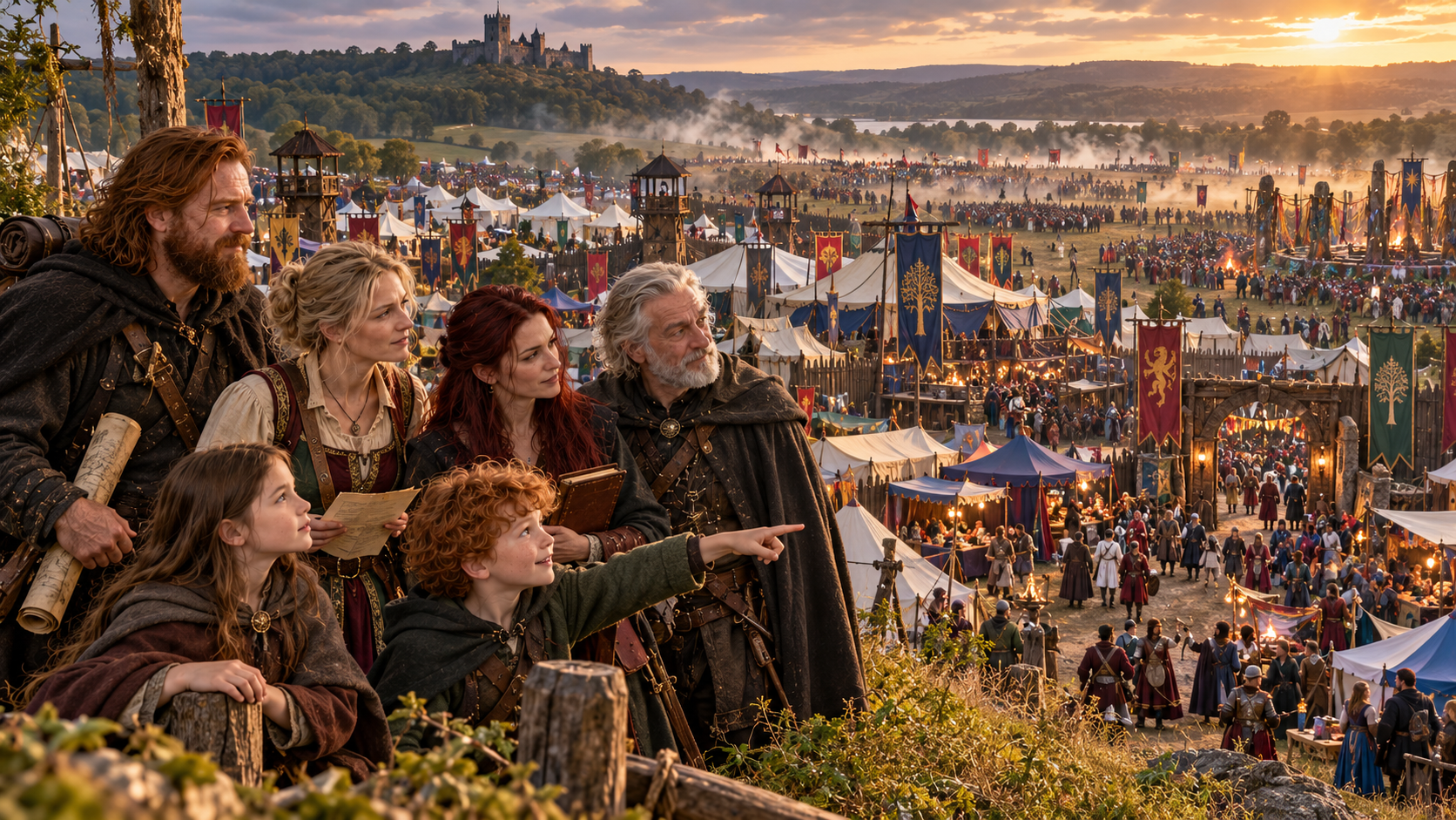 Caelwyn, Stacy, Eljara, Sean, Mara and Chibi overlook a huge British fantasy live-action roleplaying festival with hundreds of tents, heraldic banners, markets and distant battlefields at sunset.