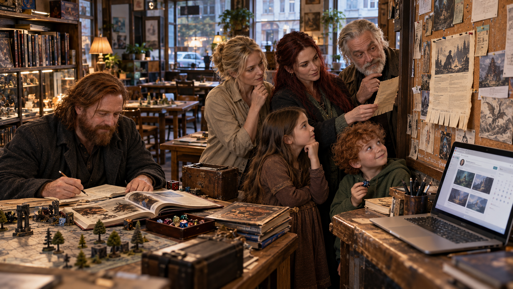 Caelwyn prepares a tabletop roleplaying session while Stacy, Eljara, Sean, Mara and Chibi examine an old game-master advertisement on a game shop noticeboard beside a contemporary booking laptop.