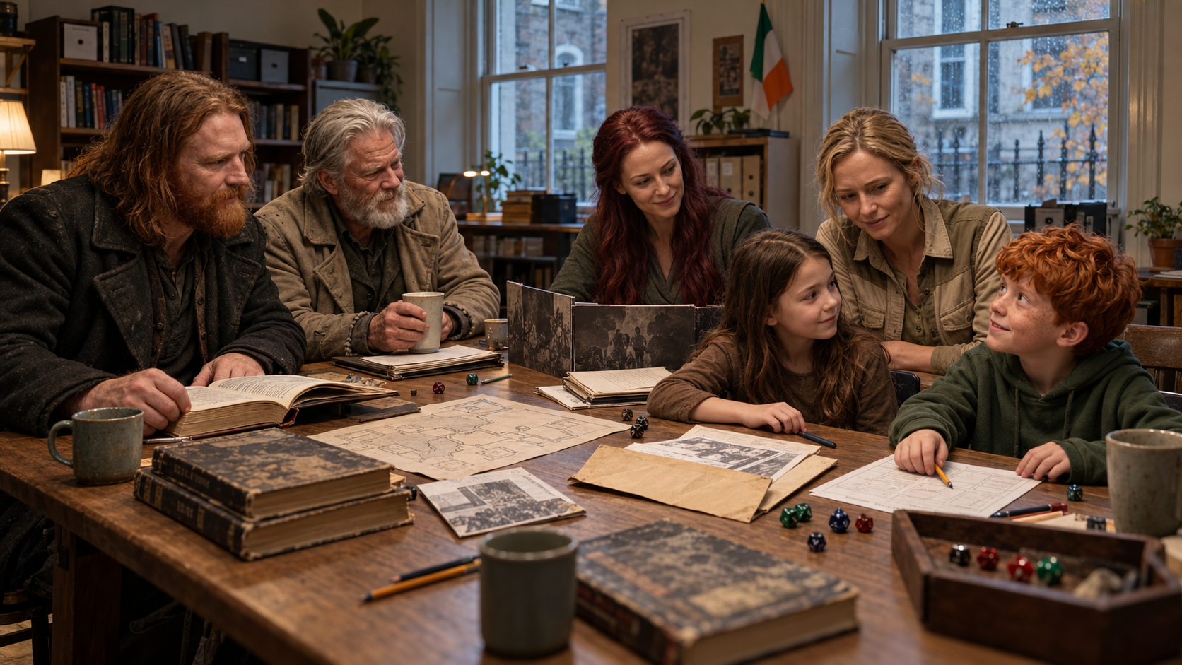 The six Mythveil Family characters prepare to play a preserved convention adventure in an Irish gaming room, with character sheets, an envelope, dice and an Irish tricolour by the window.