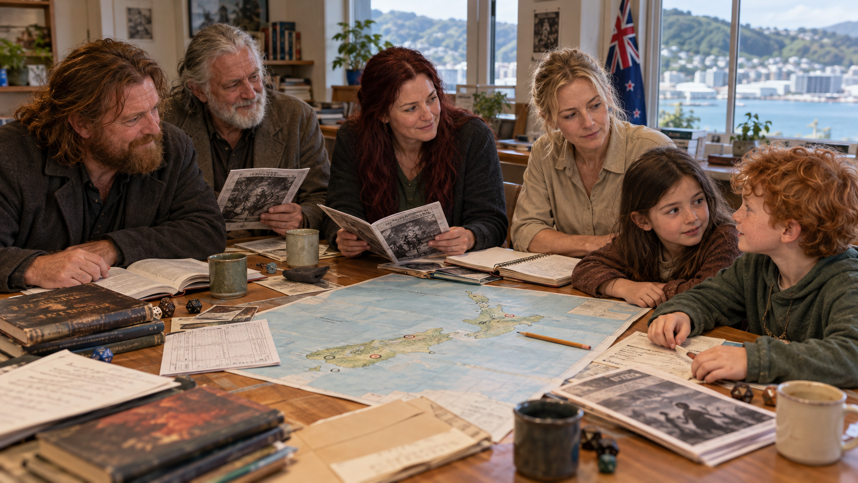 The six Mythveil Family members examine a map of New Zealand, convention programmes and gaming books around a table overlooking Wellington harbour.