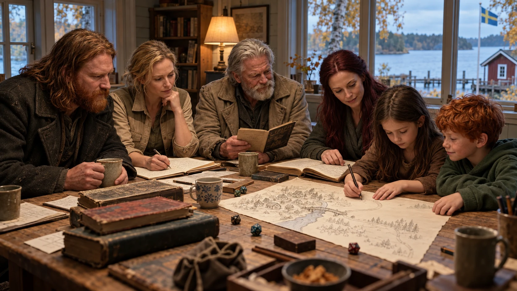 The six Mythveil Family members gather beside a Swedish lake while Mara extends the village map that Chibi shares with her.