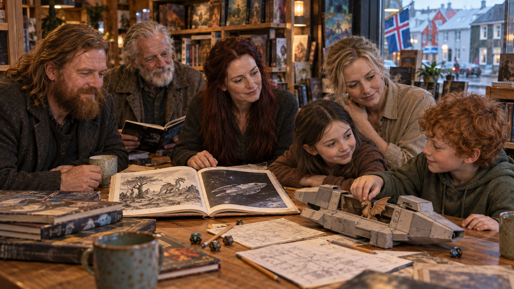 Six Mythveil Family members around a tabletop spaceship and a wooden dragon in an Icelandic game shop