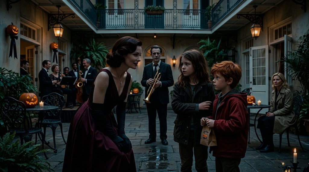 Mara and Chibi encounter an elegant vampire in a New Orleans Halloween courtyard, with a trumpeter behind.