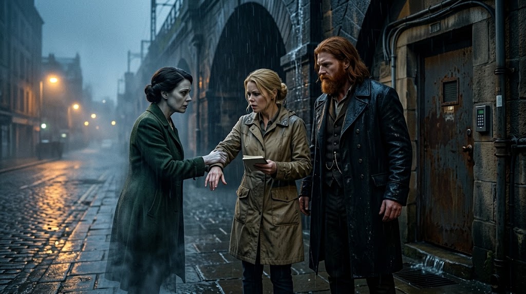 Stacy and Caelwyn face Eleanor's tangible ghost under a rain-soaked railway arch.